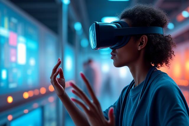 VRヘッドセットを装着して体験学習を行う生徒の画像