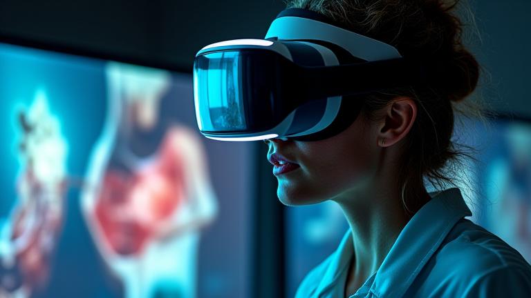 Virtual reality educational simulation in a medical training scenario.